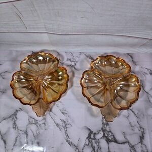 Vintage Iridescent Amber‎ Glass Shamrock Leaf Shaped Set of 2 Candy Dishes
